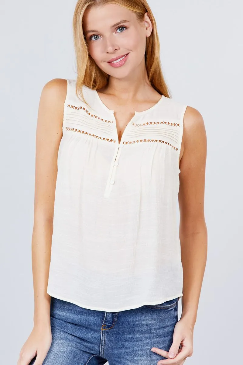 Sleeveless Front Pleats Detail W/button Woven Top