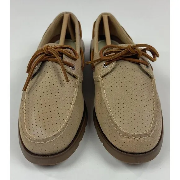 Sperry Top-Sider Leeward Off White 2-Eye Men 10.5 Wide Tan Perforated Boat Shoes
