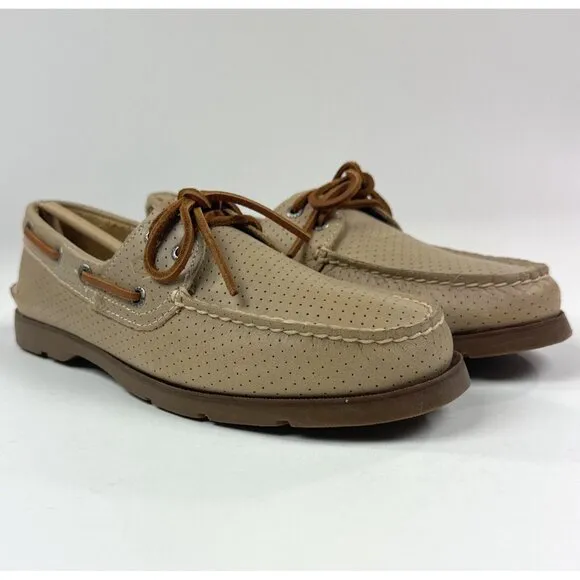 Sperry Top-Sider Leeward Off White 2-Eye Men 10.5 Wide Tan Perforated Boat Shoes