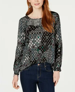 Style & Co. Women's Printed Smocked Boat-Neck Top Geotopia Large