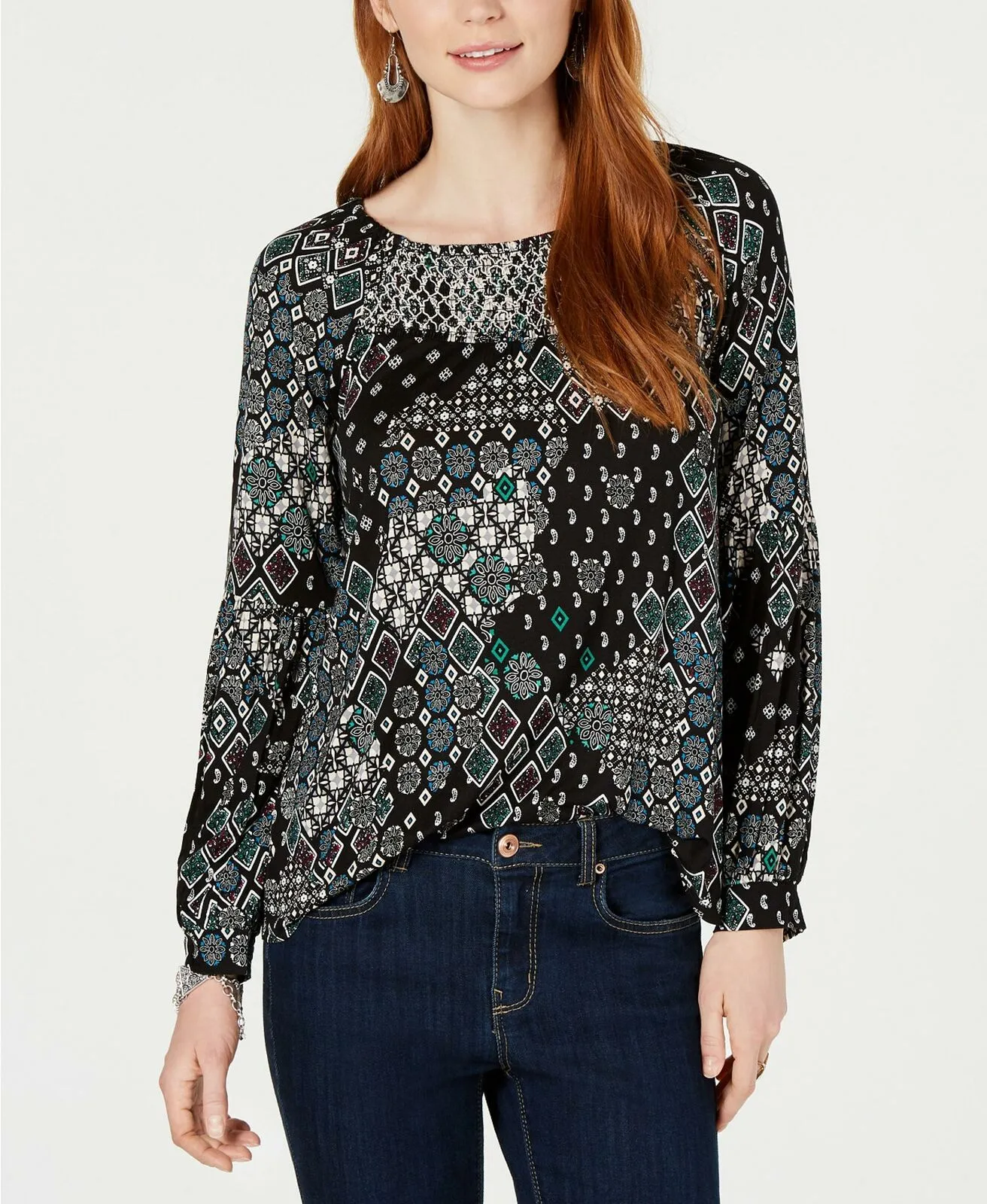 Style & Co. Women's Printed Smocked Boat-Neck Top Geotopia Large