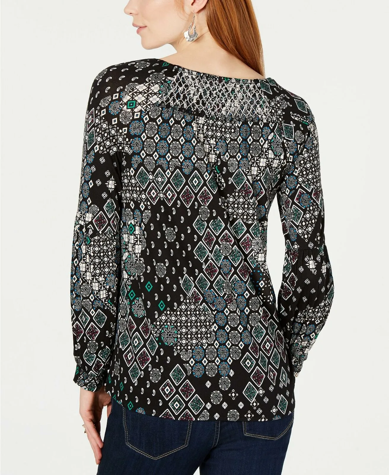 Style & Co. Women's Printed Smocked Boat-Neck Top Geotopia Large