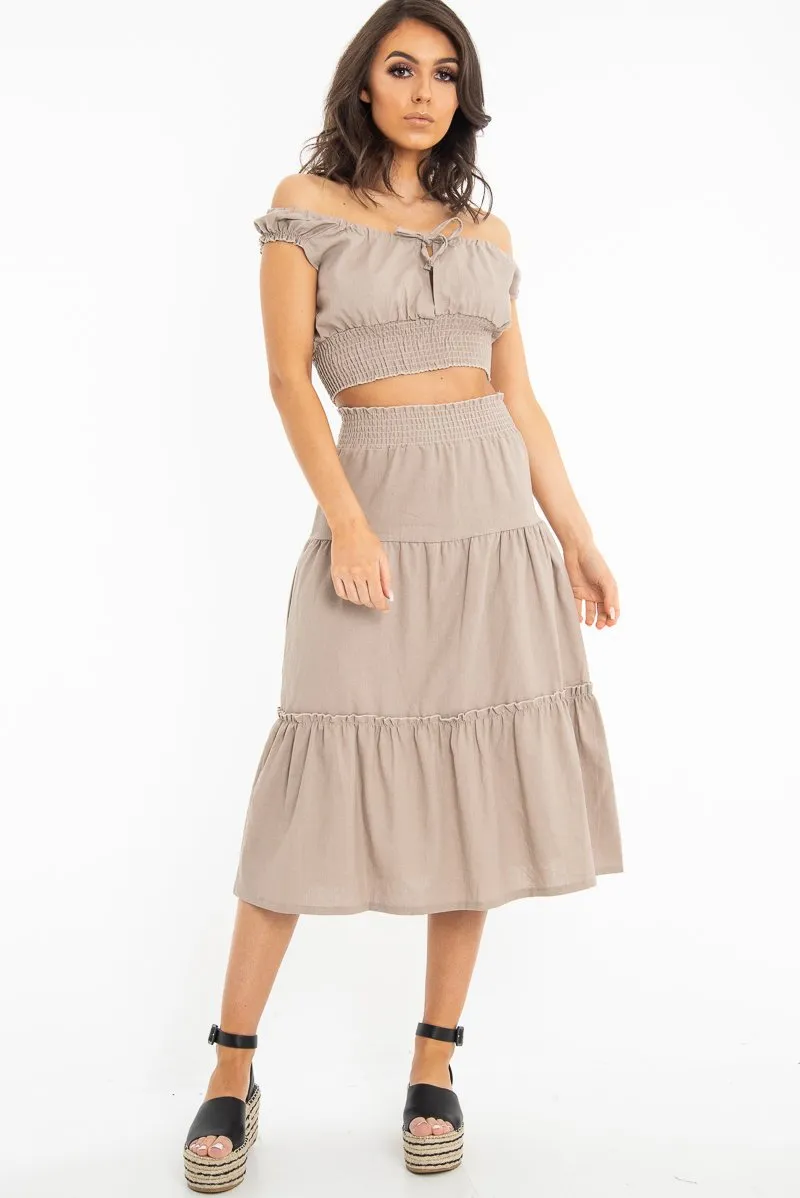 Taupe Ruffle Linen Maxi Skirt - Melodia
