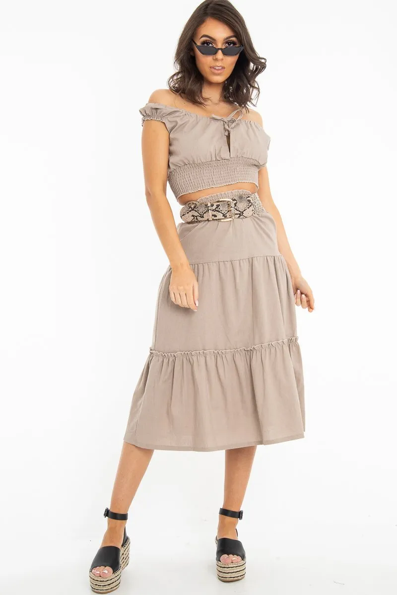 Taupe Ruffle Linen Maxi Skirt - Melodia