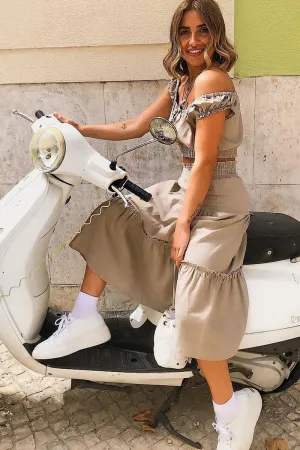 Taupe Ruffle Linen Maxi Skirt - Melodia