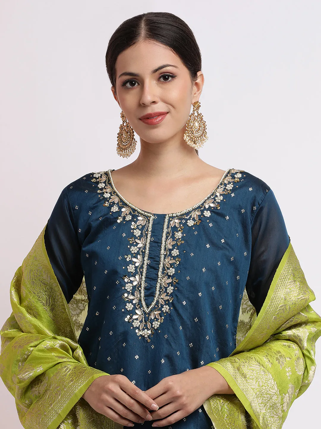 Teal Embroidered Cotton Blend Kurta Set With Dupatta