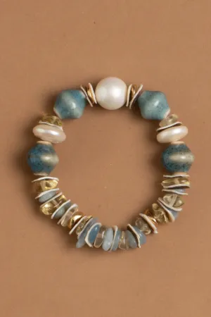 Teal White Beaded Stretchy Bracelet
