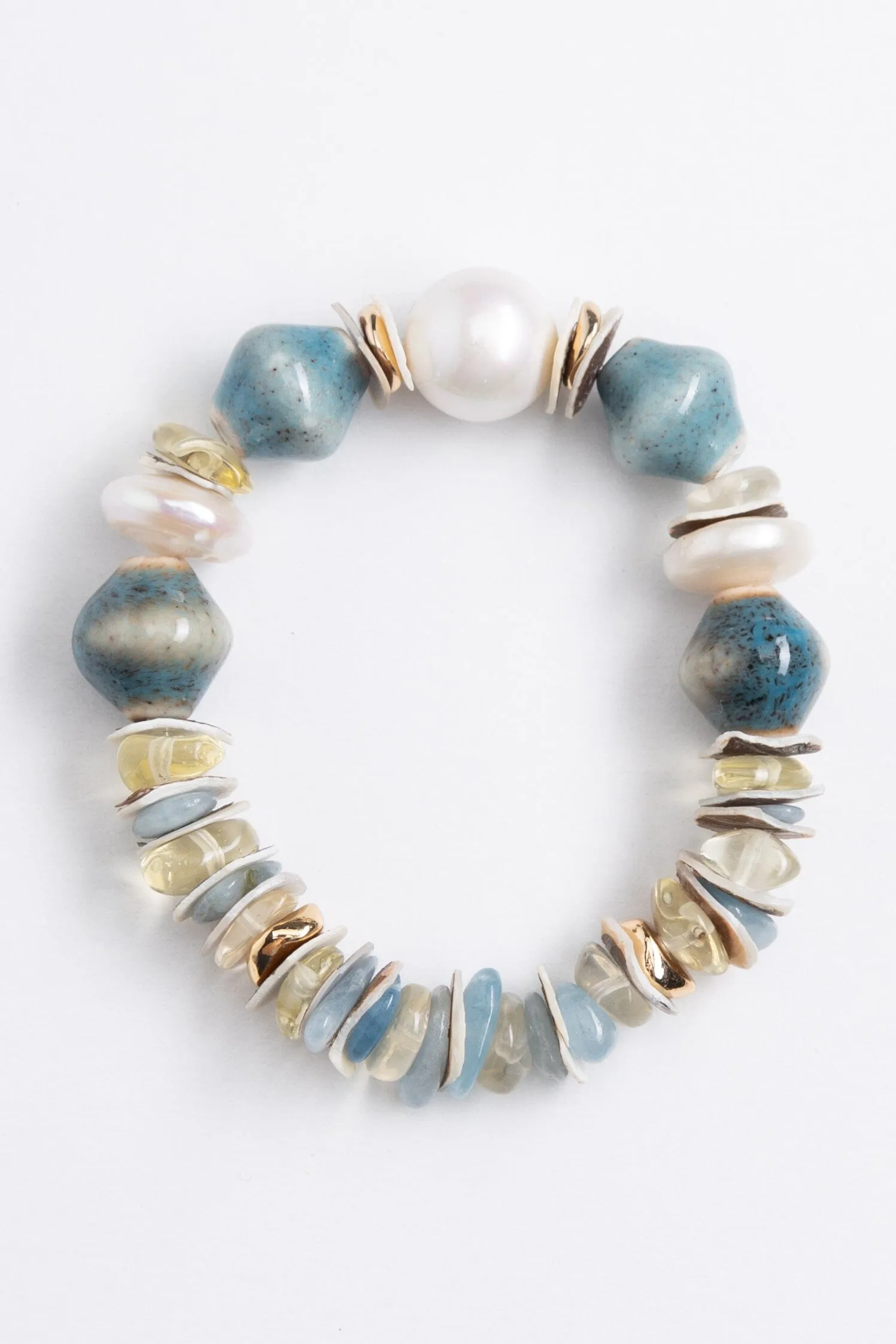 Teal White Beaded Stretchy Bracelet