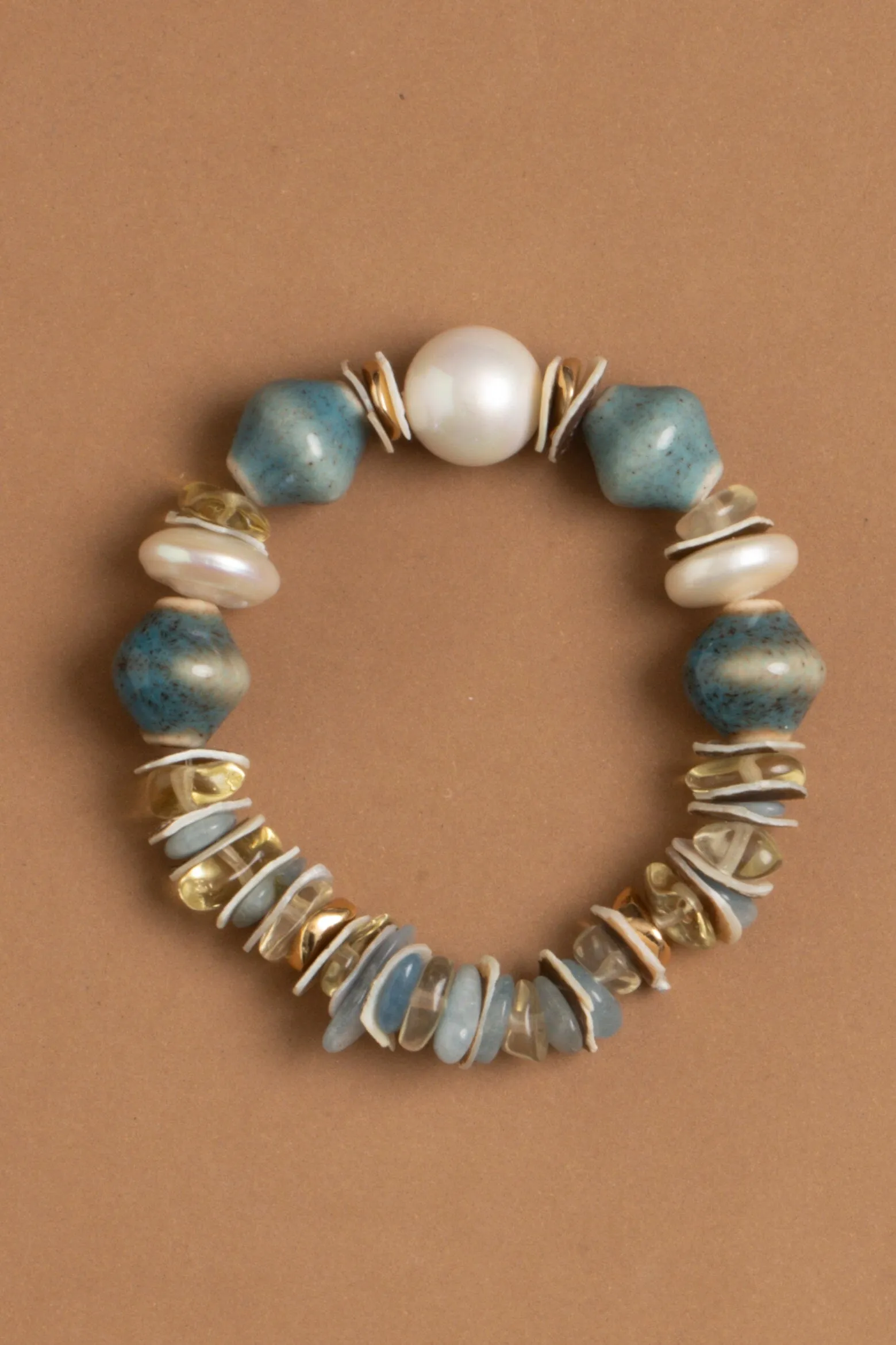 Teal White Beaded Stretchy Bracelet