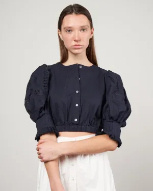 thora thread pull puff sleeve button down top - navy
