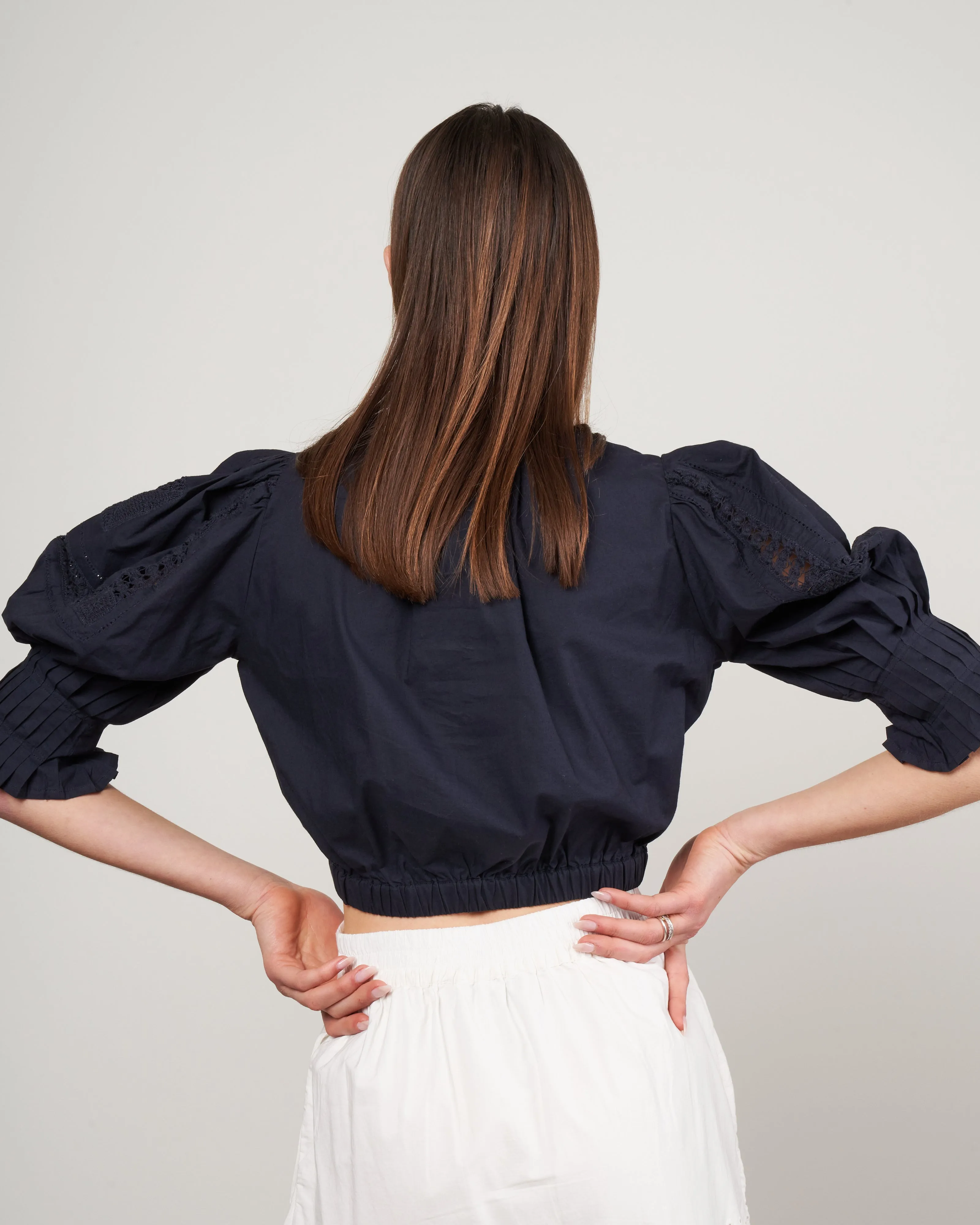 thora thread pull puff sleeve button down top - navy
