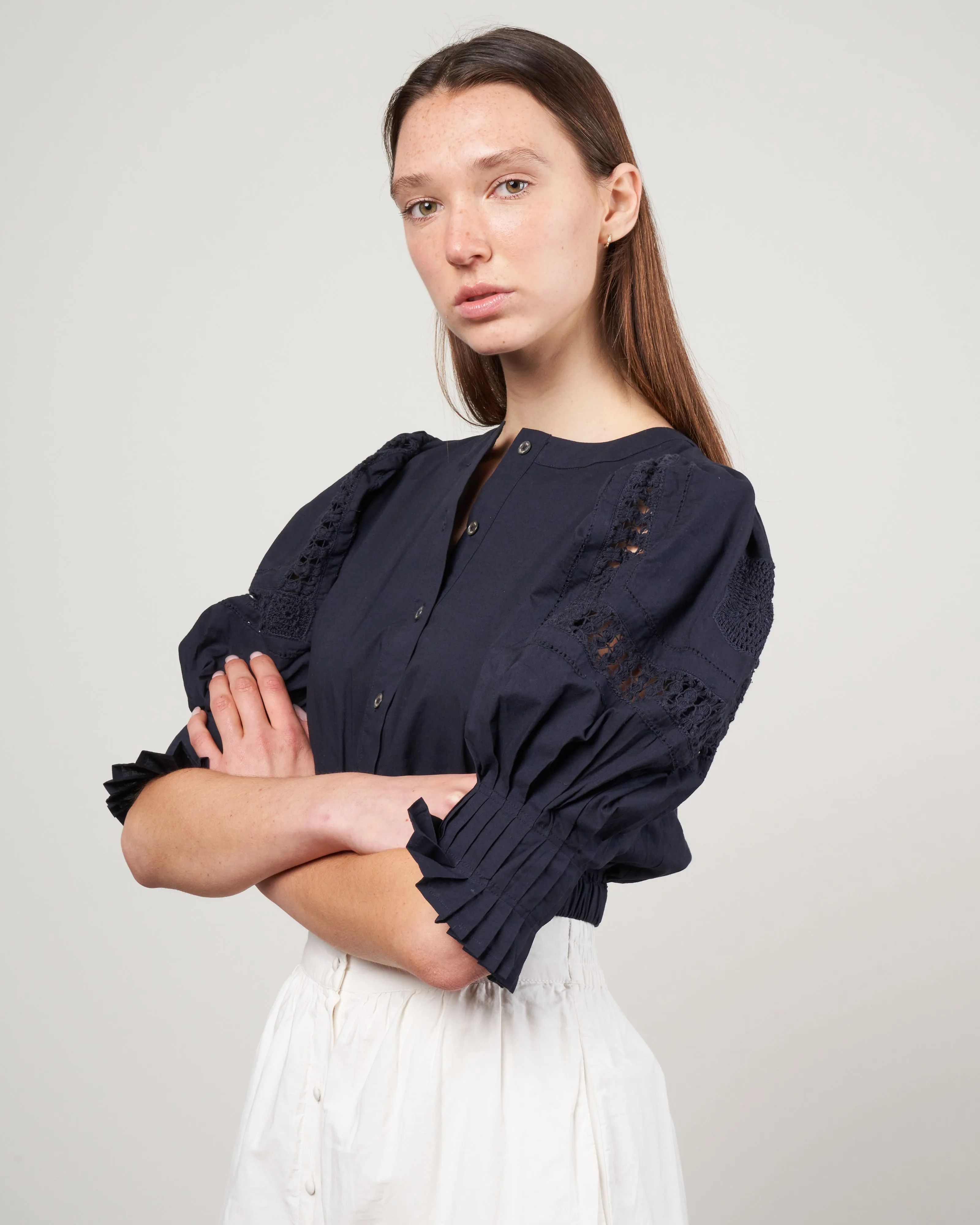 thora thread pull puff sleeve button down top - navy