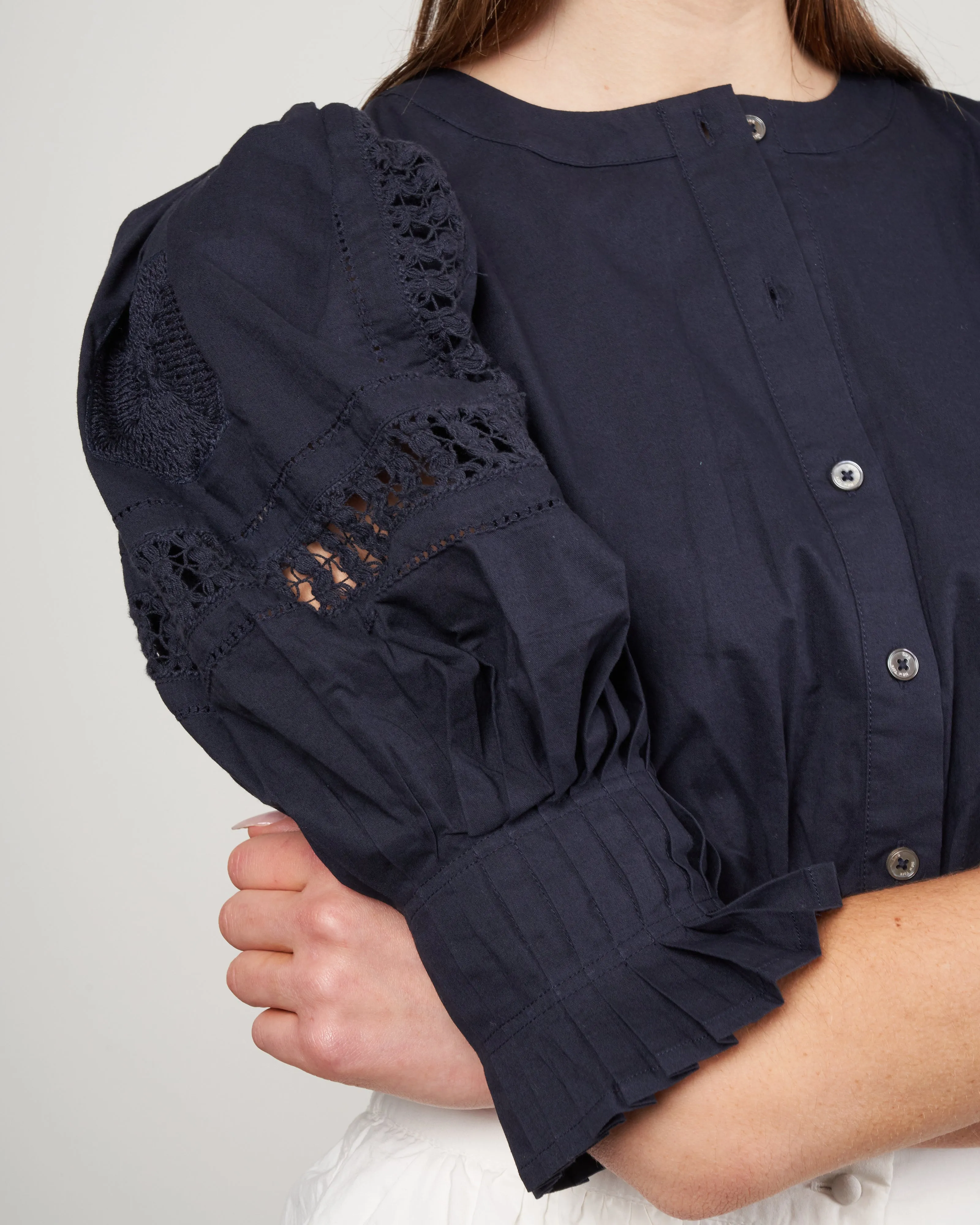 thora thread pull puff sleeve button down top - navy