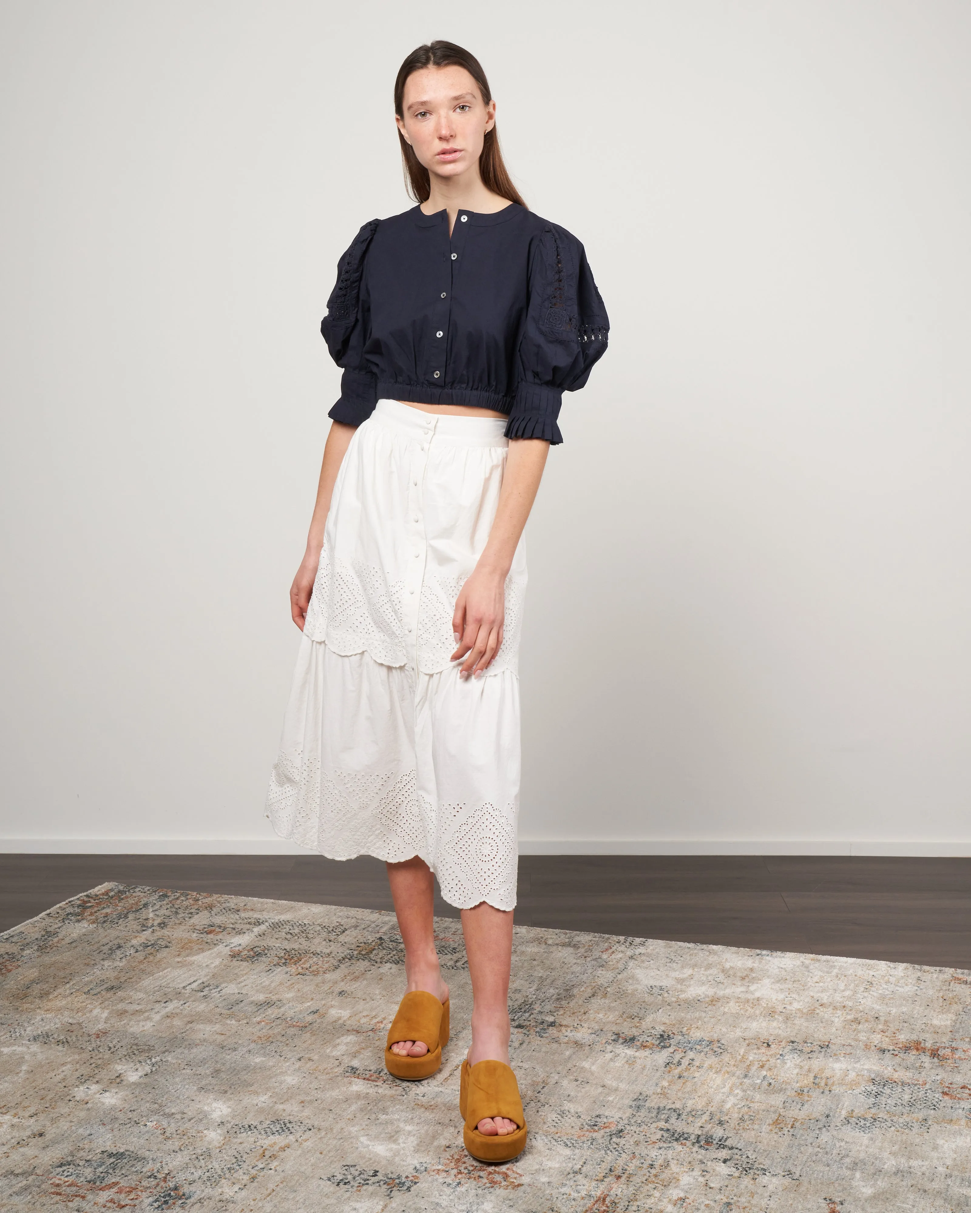 thora thread pull puff sleeve button down top - navy