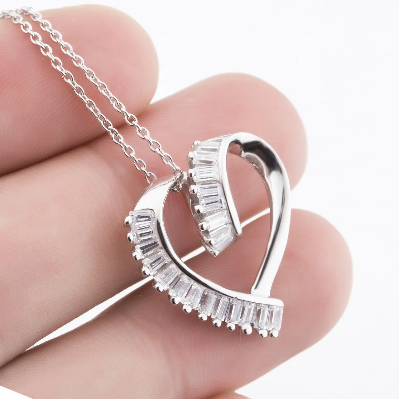 Unique Open Heart with Rectangle Crystal Inlaid Pendant Necklace