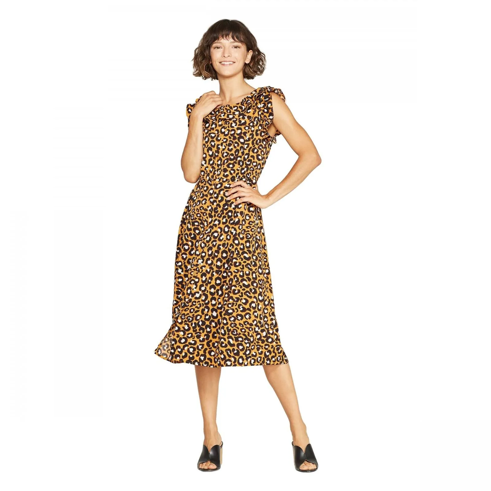Who What Wear Women's Sleeveless Boat Neck Frill Ruffle Midi A Line Dress
