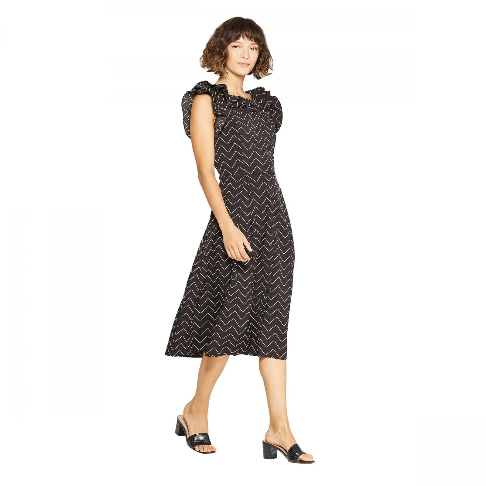 Who What Wear Women's Sleeveless Boat Neck Frill Ruffle Midi A Line Dress