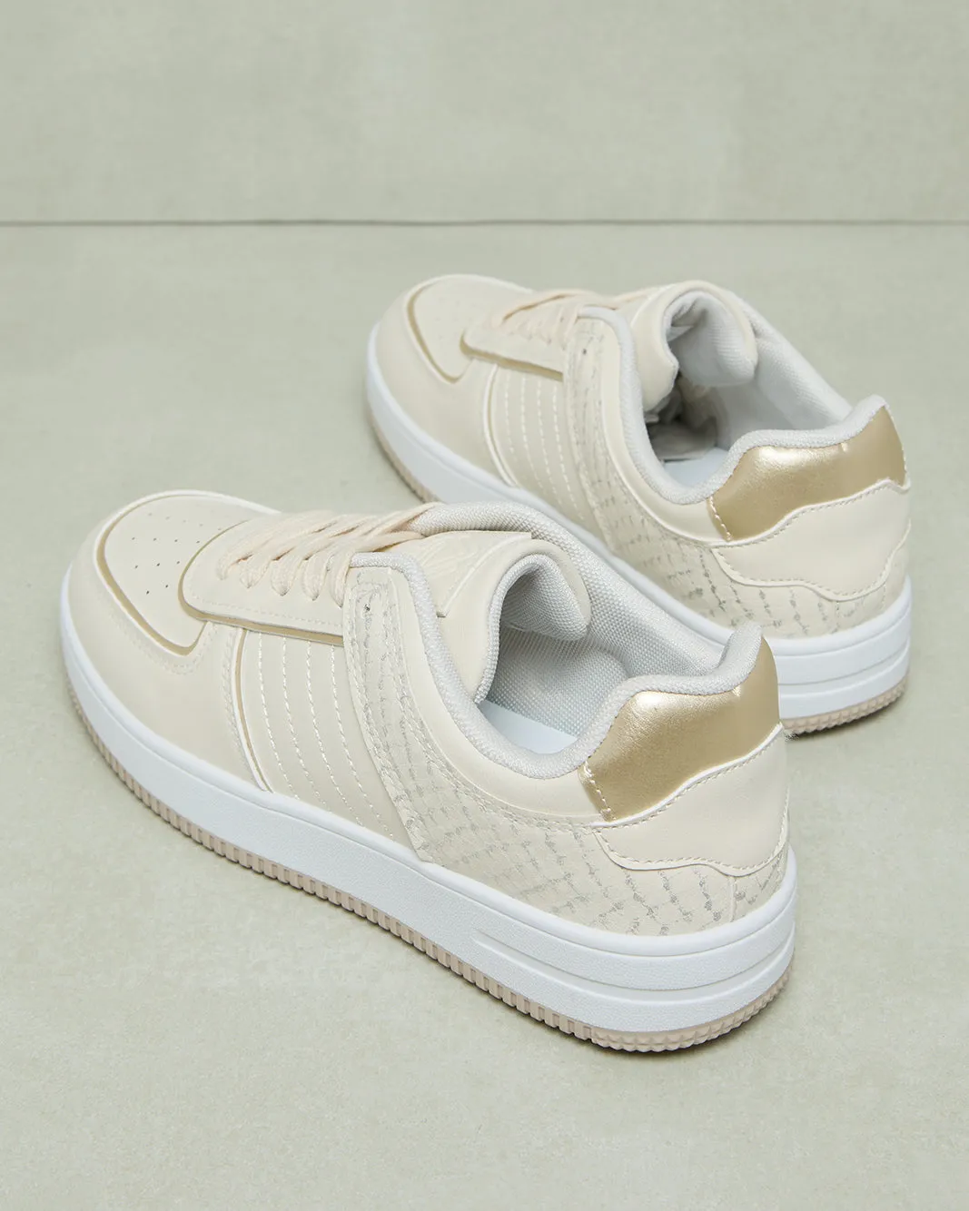 Women Beige Lace Up Sneakers