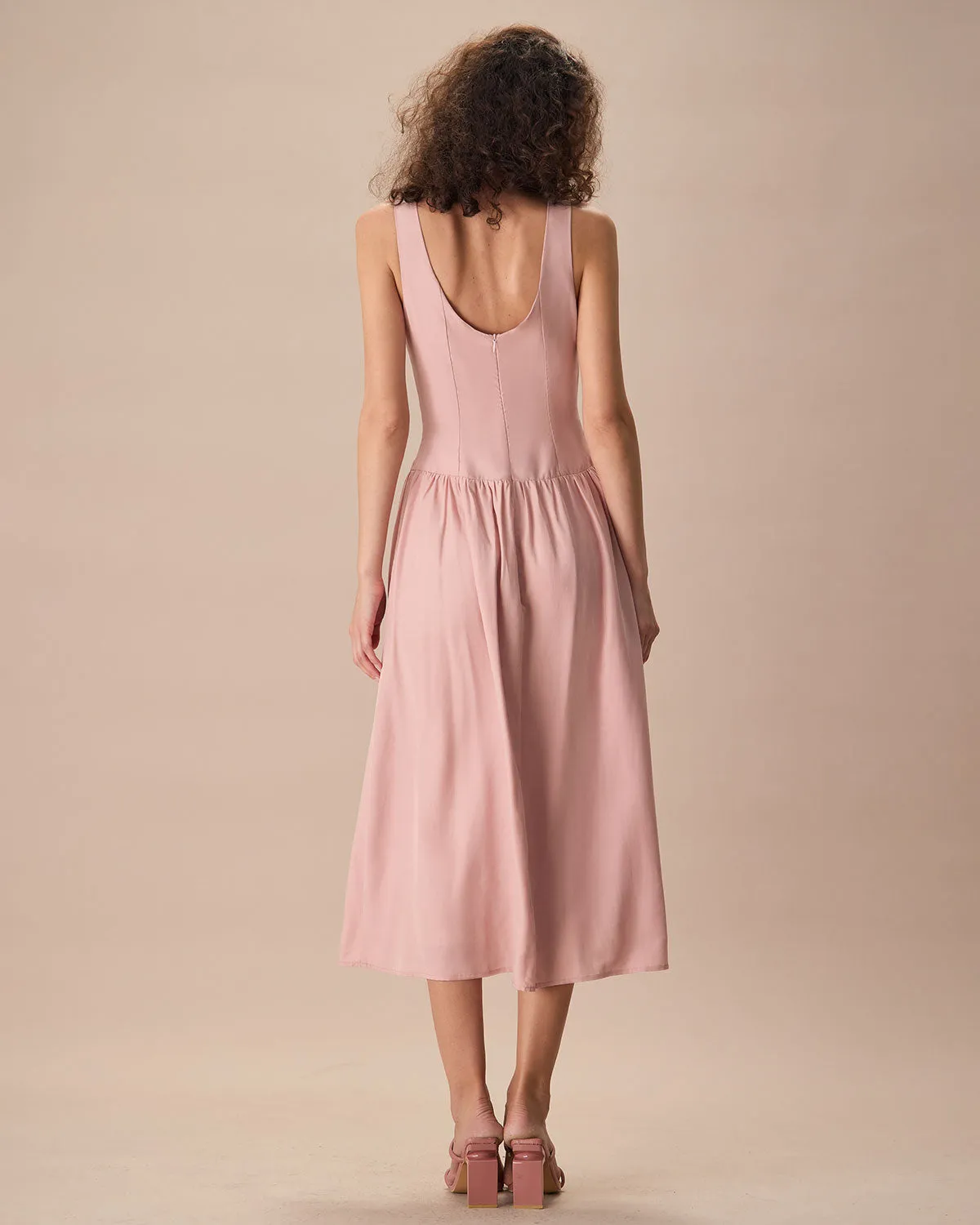 Women's Pink Boat Neck Sleeveless Lyocell Midi Dress