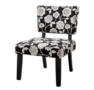 Wooden Accent Chair with Floral Motif Fabric Upholstery, Black