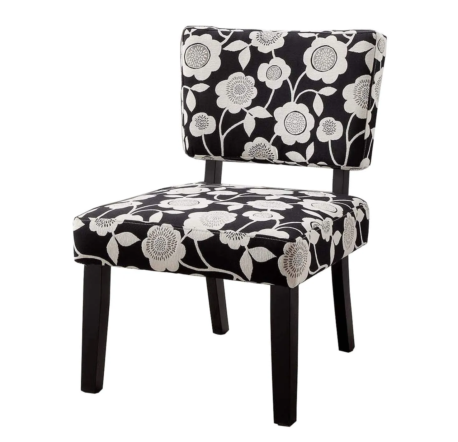 Wooden Accent Chair with Floral Motif Fabric Upholstery, Black