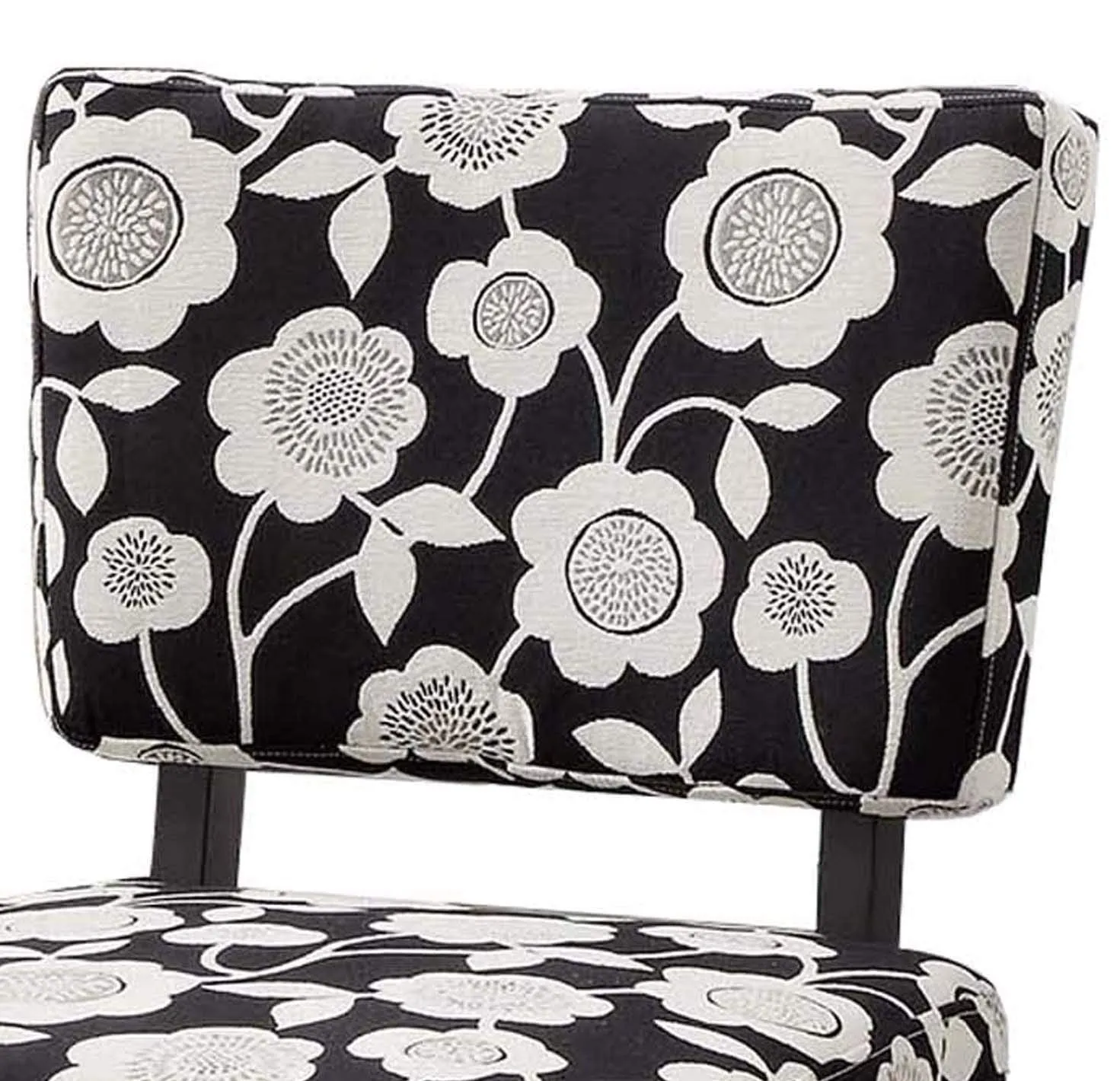 Wooden Accent Chair with Floral Motif Fabric Upholstery, Black