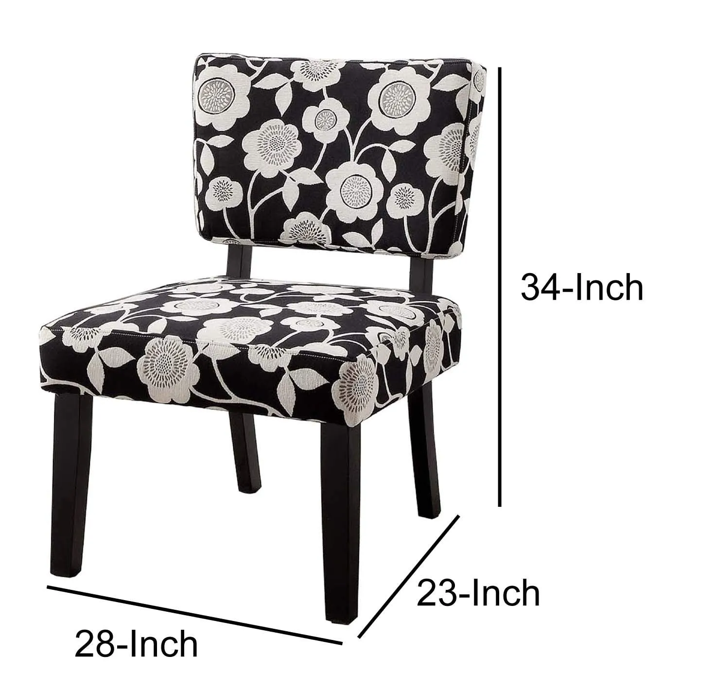 Wooden Accent Chair with Floral Motif Fabric Upholstery, Black