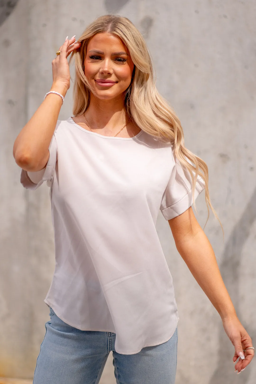 Woven Heavy Dobby Rolled Sleeve Boat Neck Top