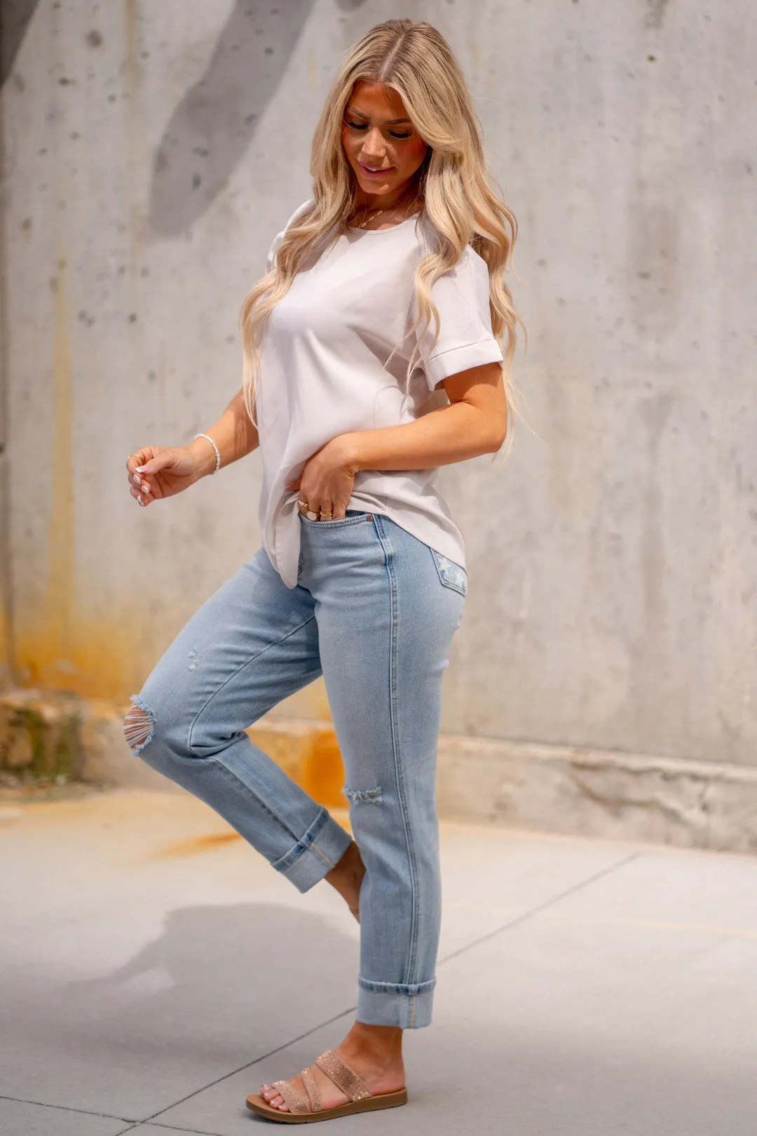 Woven Heavy Dobby Rolled Sleeve Boat Neck Top