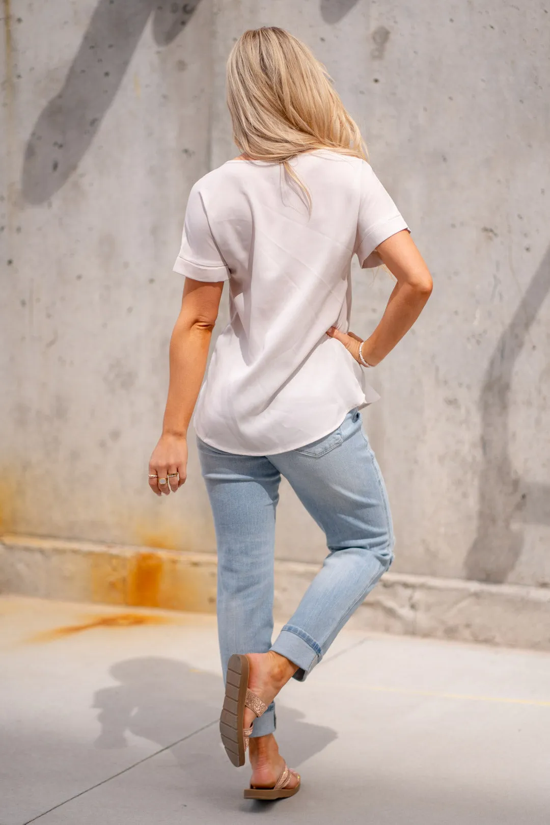 Woven Heavy Dobby Rolled Sleeve Boat Neck Top