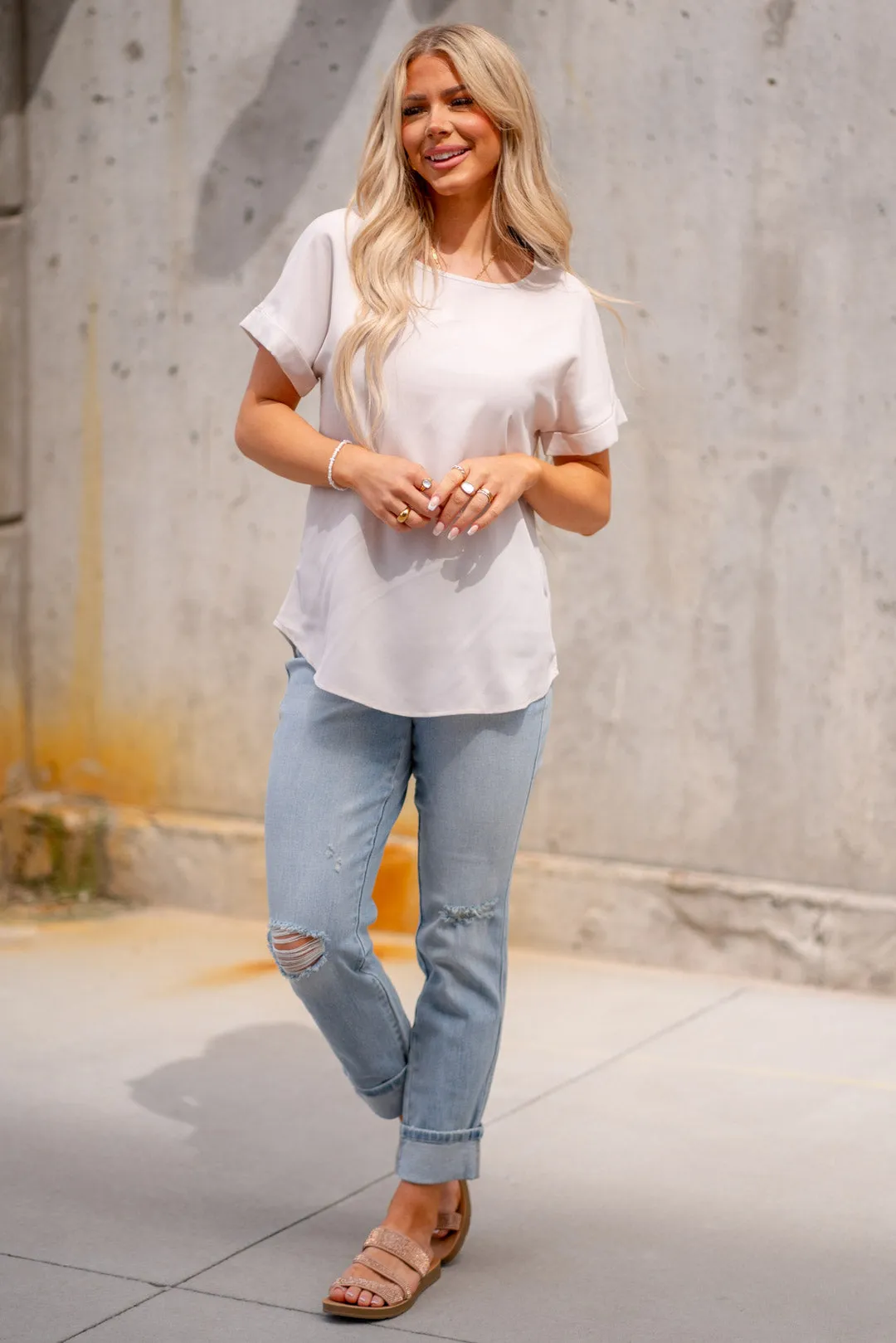 Woven Heavy Dobby Rolled Sleeve Boat Neck Top