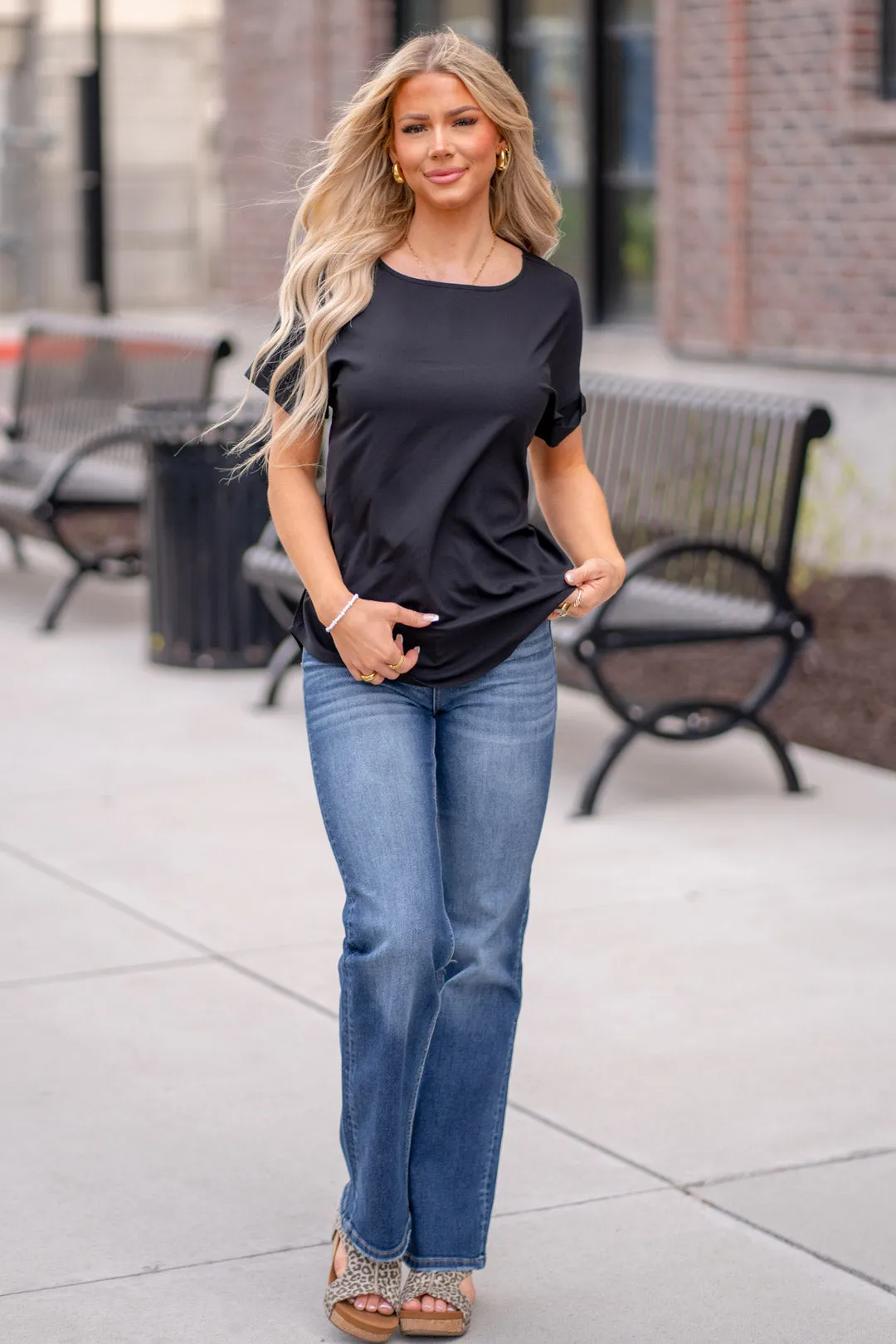 Woven Heavy Dobby Rolled Sleeve Boat Neck Top