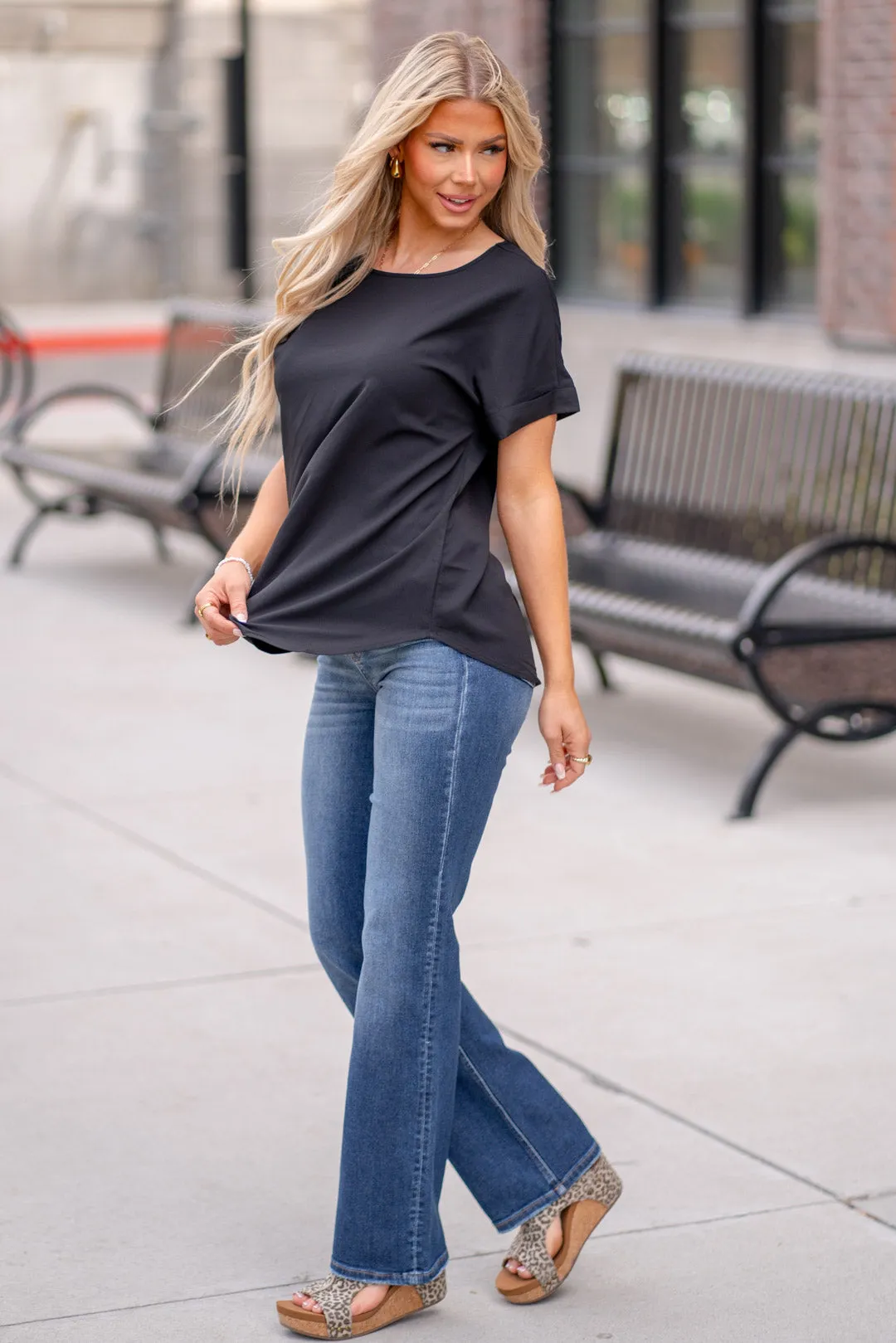 Woven Heavy Dobby Rolled Sleeve Boat Neck Top