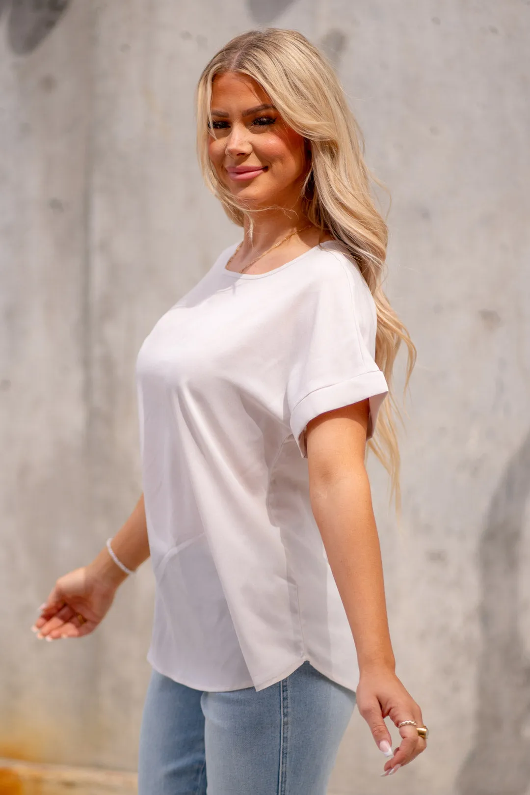 Woven Heavy Dobby Rolled Sleeve Boat Neck Top