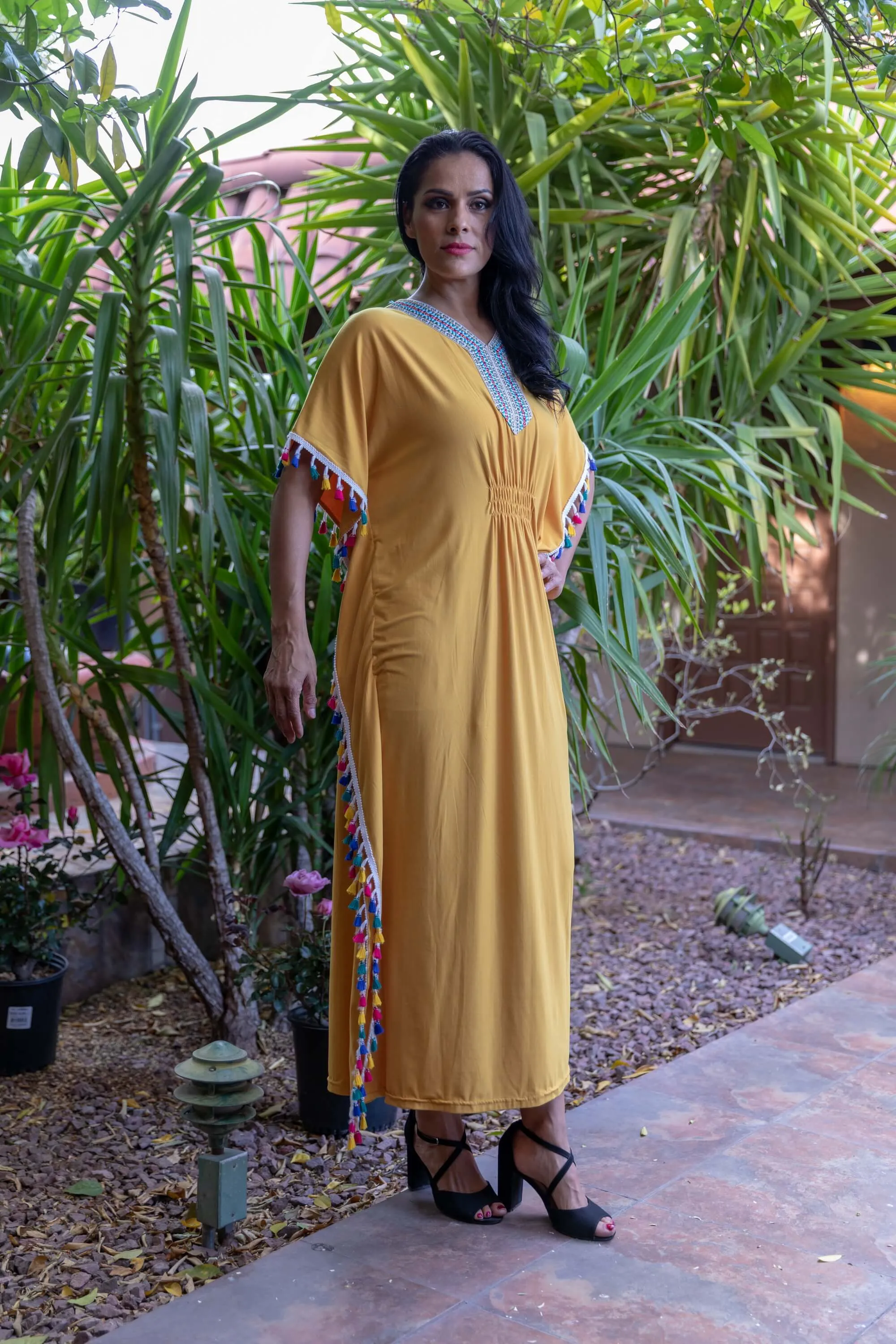 Yellow Stretchy Cotton Caftan