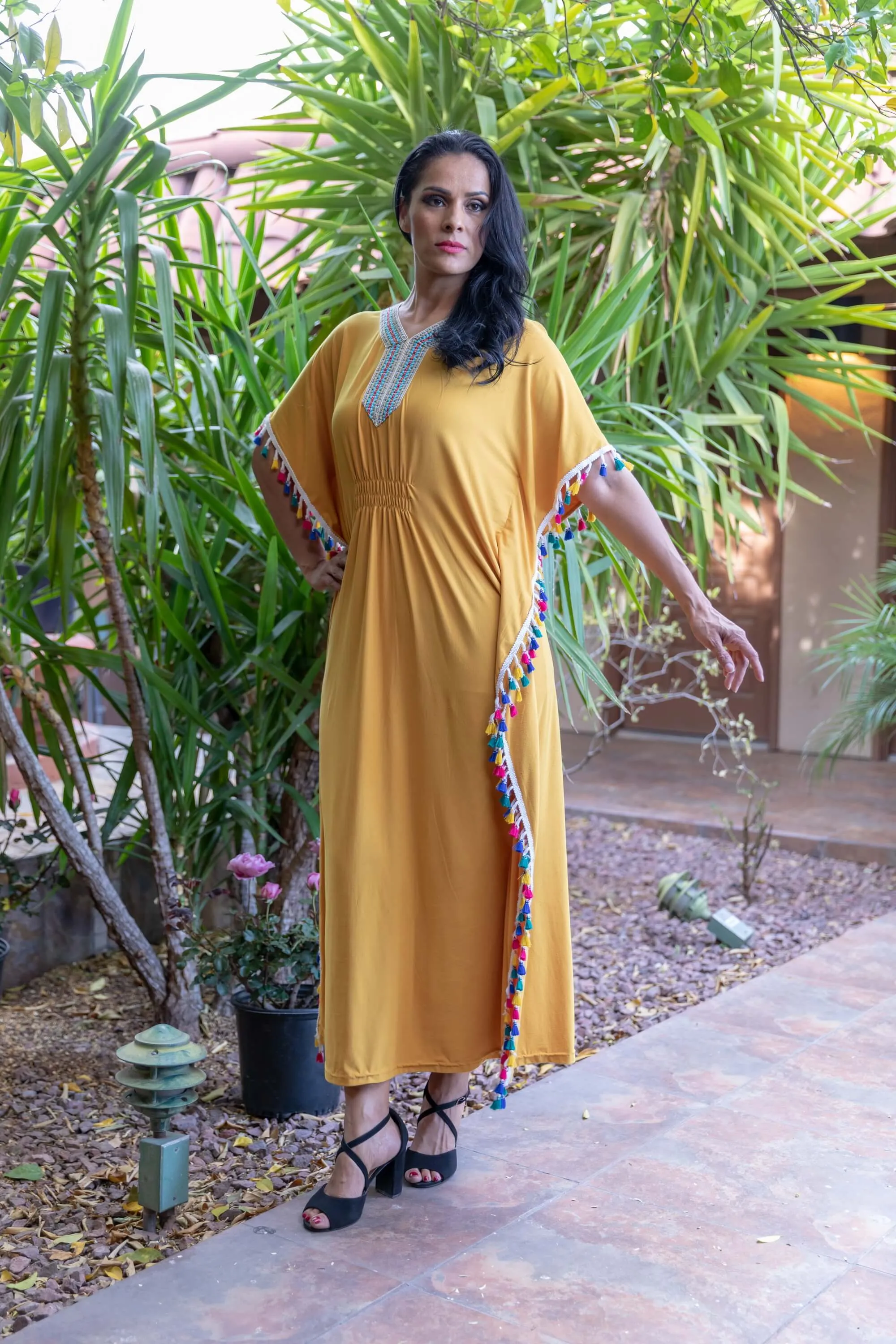 Yellow Stretchy Cotton Caftan