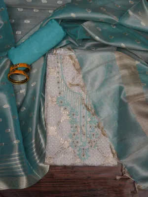 Zari Woven White Cotton Blend Dress Material with Dupatta