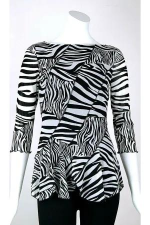 ZEBRA Diagonal Panels Scalloped Hem 3/4 Sleeves Top