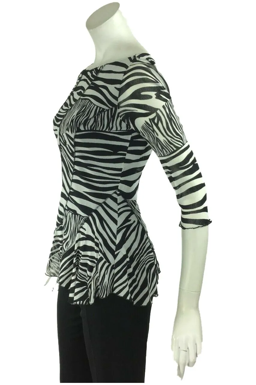 ZEBRA Diagonal Panels Scalloped Hem 3/4 Sleeves Top