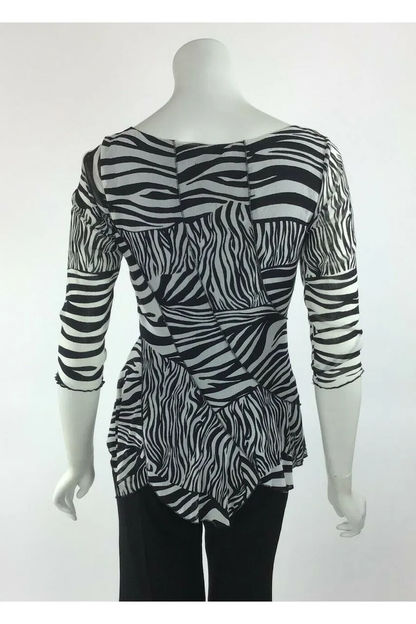 ZEBRA Diagonal Panels Scalloped Hem 3/4 Sleeves Top